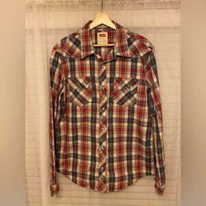 Levis Modern Fit Red Blue Western Pearl Snap Shirt - L